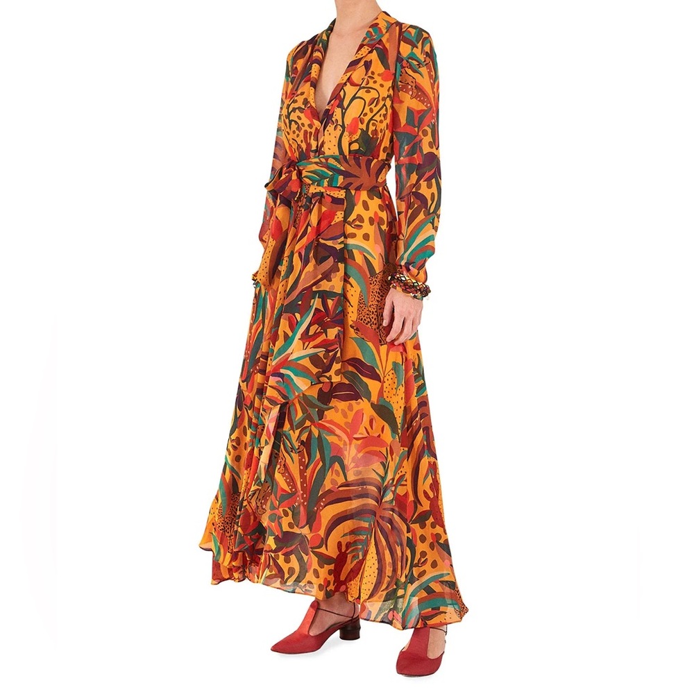 Farm Rio Golden Jungle V-Neck Maxi Dress